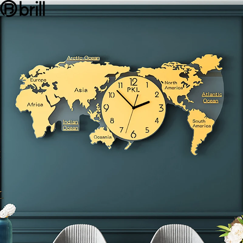

Creative Luxury Large 3d World Map Wall Clock Modern Design Gold Living Room Wall Clocks Silent Home Decoration Wall Horloge 50