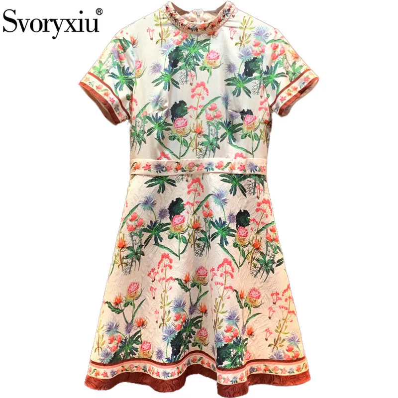 

Svoryxiu Elegant Flower Print Jacquard Short Dress Women's Fashion Beaded Diamond Short Sleeve Summer Runway Dresses Vestdios