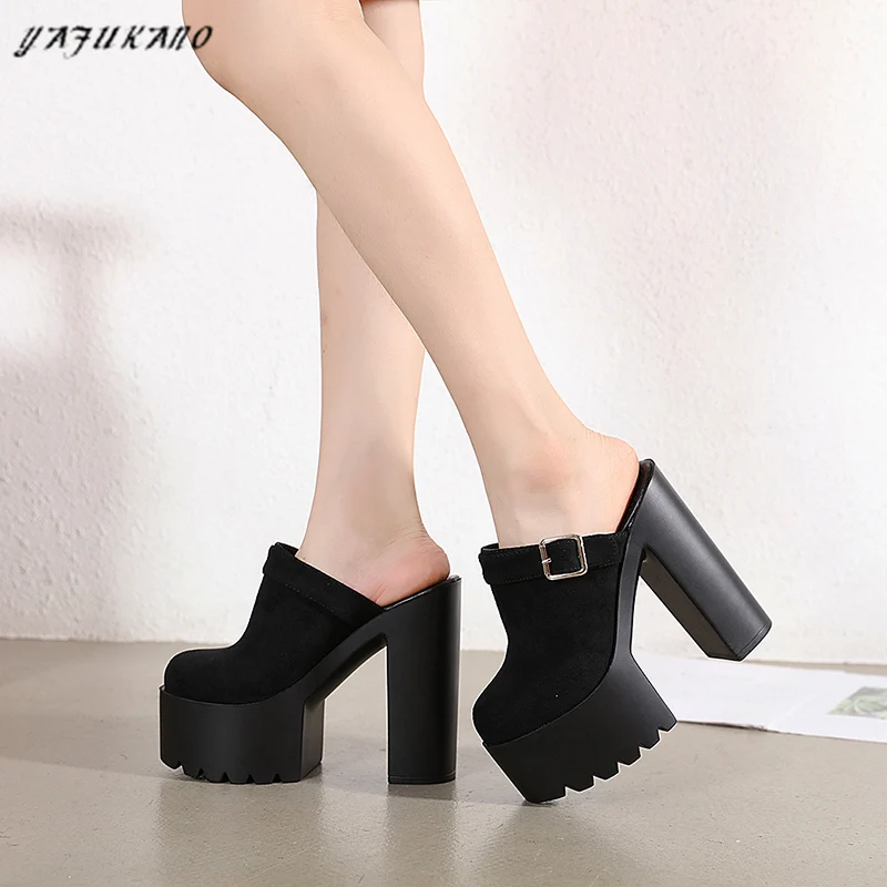 

14cm Super High Heeled Shoes Sandals Female Slippers Summer Solid Flock Square Heel Baotou Half Slippers Fashion Outdoor Slides