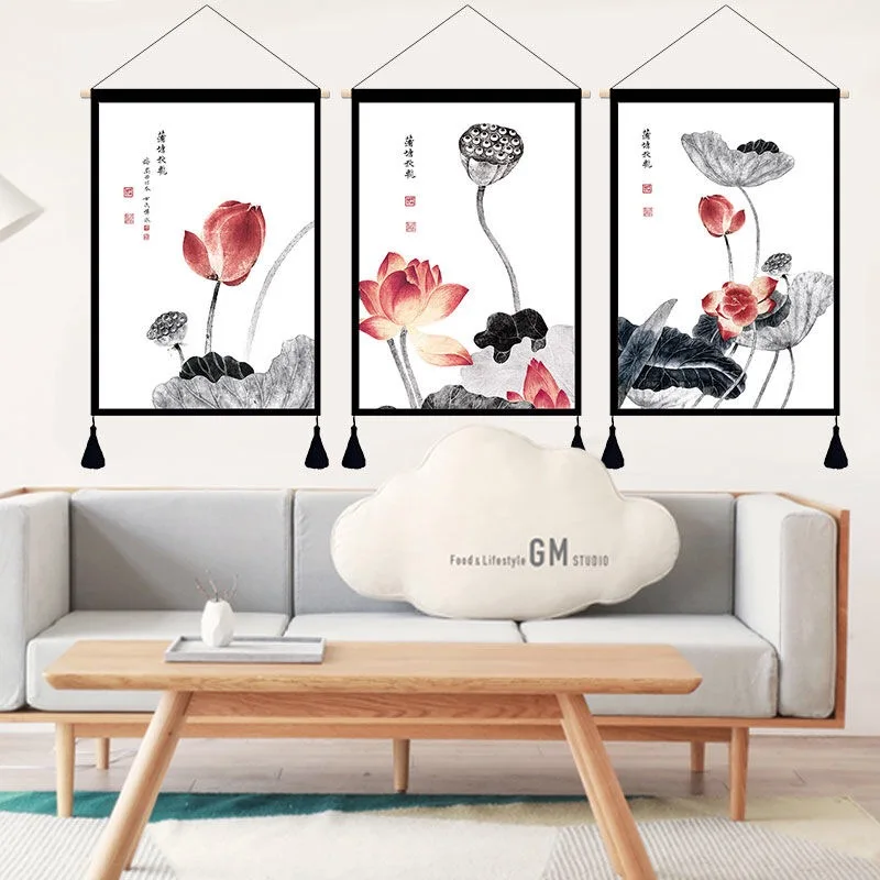 

Chinese Style Lotus Poster Wall Paintings Art Vintage Room Decor Aesthetic Bedroom Living Room Home Decoration Tapestry