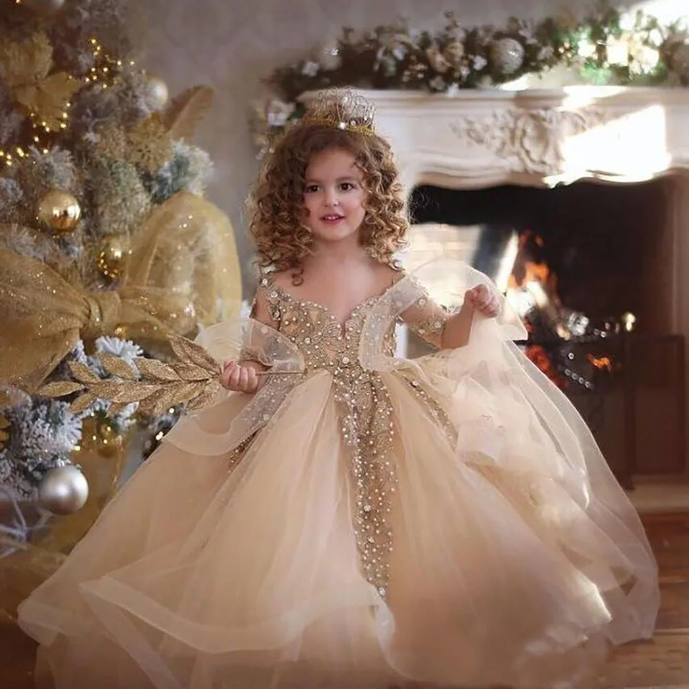 

Flower Girls Birthday Gown Champagne Ball Gown Girls Pageant Dresses Long Sleeves Pearls Lace Applique Princess Tulle Puffy Kids