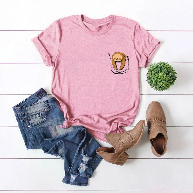 

Cute Pocket Sloth Print Tops Women Tshirt Funny T Shirts Graphic Tees Plus Size Women O Neck Short Sleeve Casual T Shirt