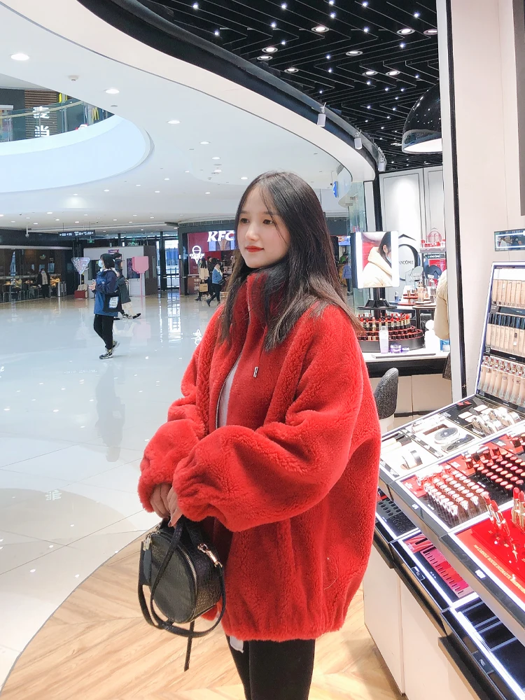 100% Australian Wool Granulated cashmere fur all in one cashmere plush coat women's new fur stand collar young style 2020