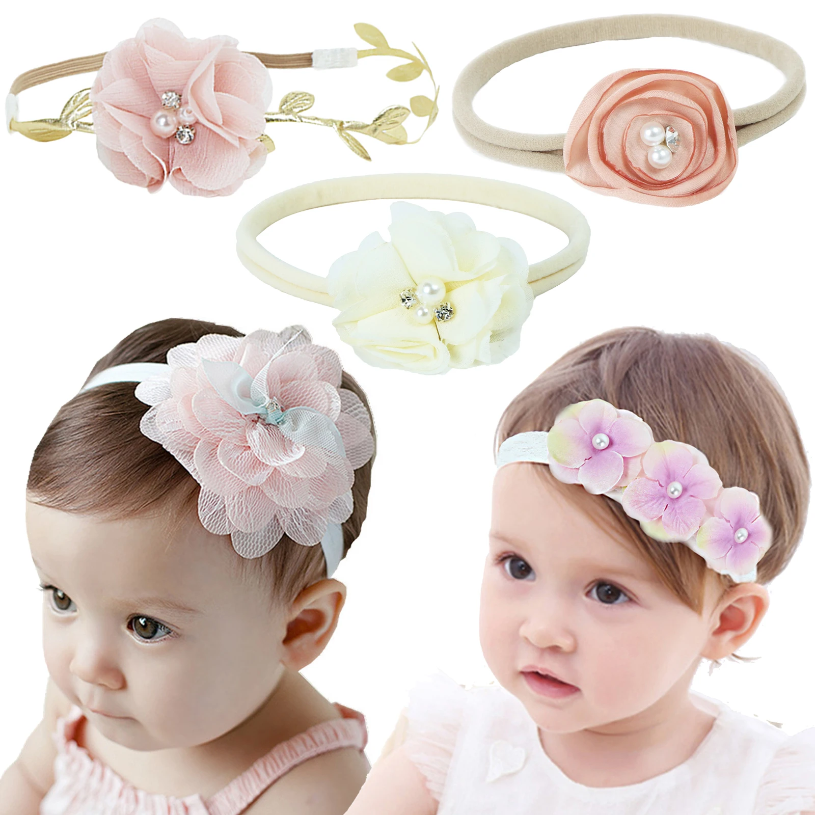 2 Pcs Fashion Baby Girl Hairband Toddlers Infant Cloth Headbands Floral Pearl Headwrap Women Summer Wear Cute Hair Accessories | Детская