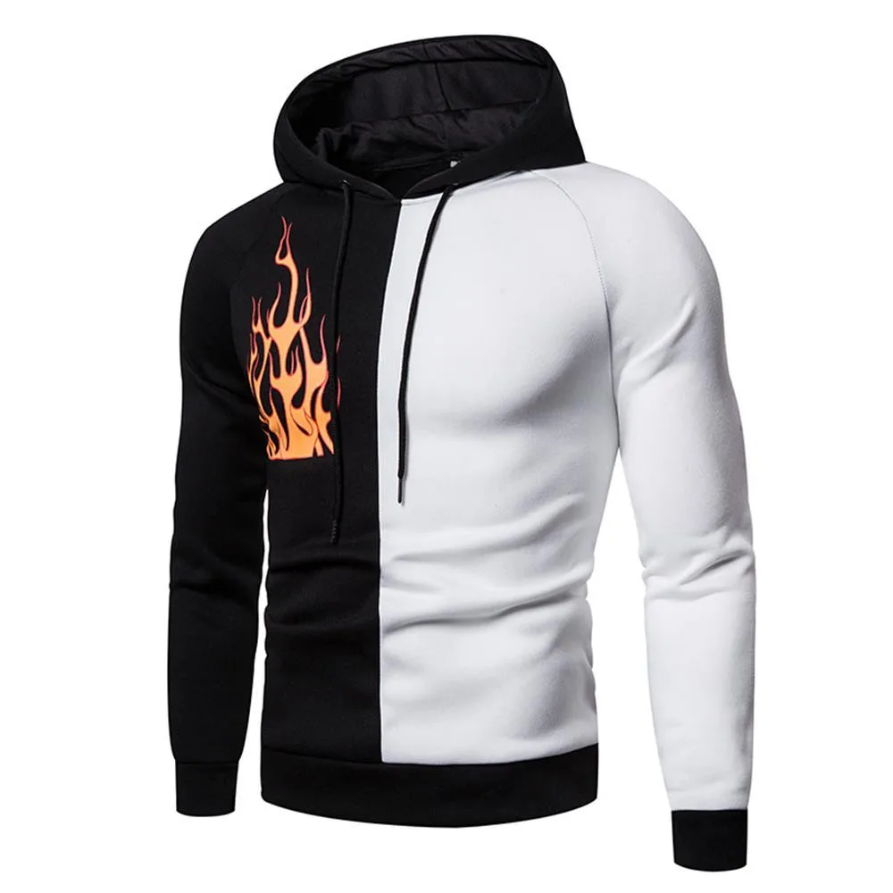 

Mens Hooded Hoodie Pullover Sweatshirts Casual Color Matching Outwear Tops Fire Printing 4 Colors Men Clothing Hoodies