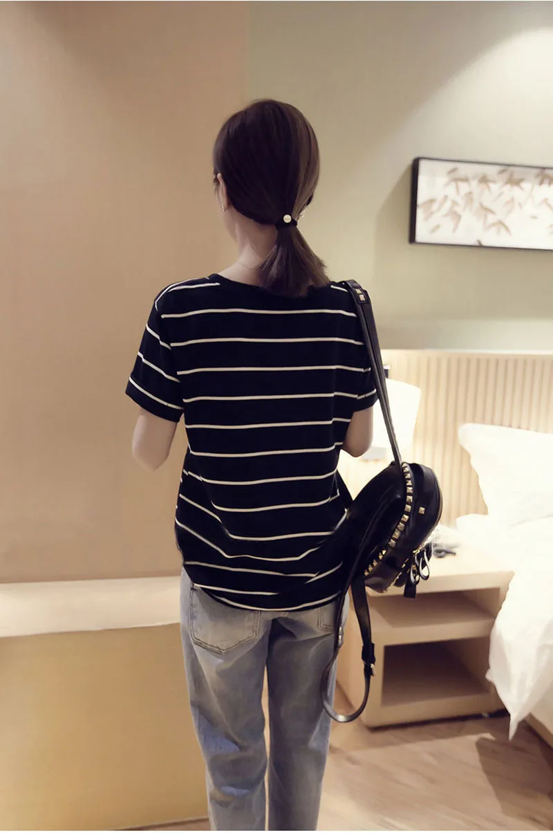 Летняя новинка футболка в полоску с круглым вырезом Женская Повседневная