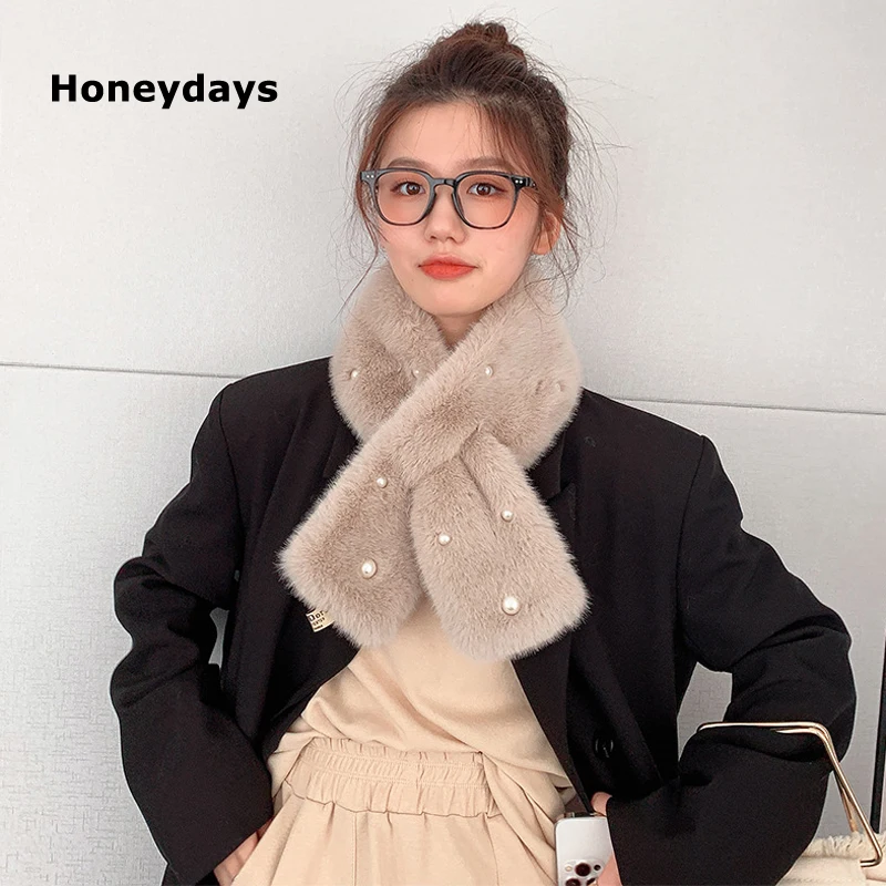 

Новый утолщенный воротник из искусственного кроличьего меха с жемчужной инкрустацией, женский меховой шарф, зимние теплые шарфы с перекрес...