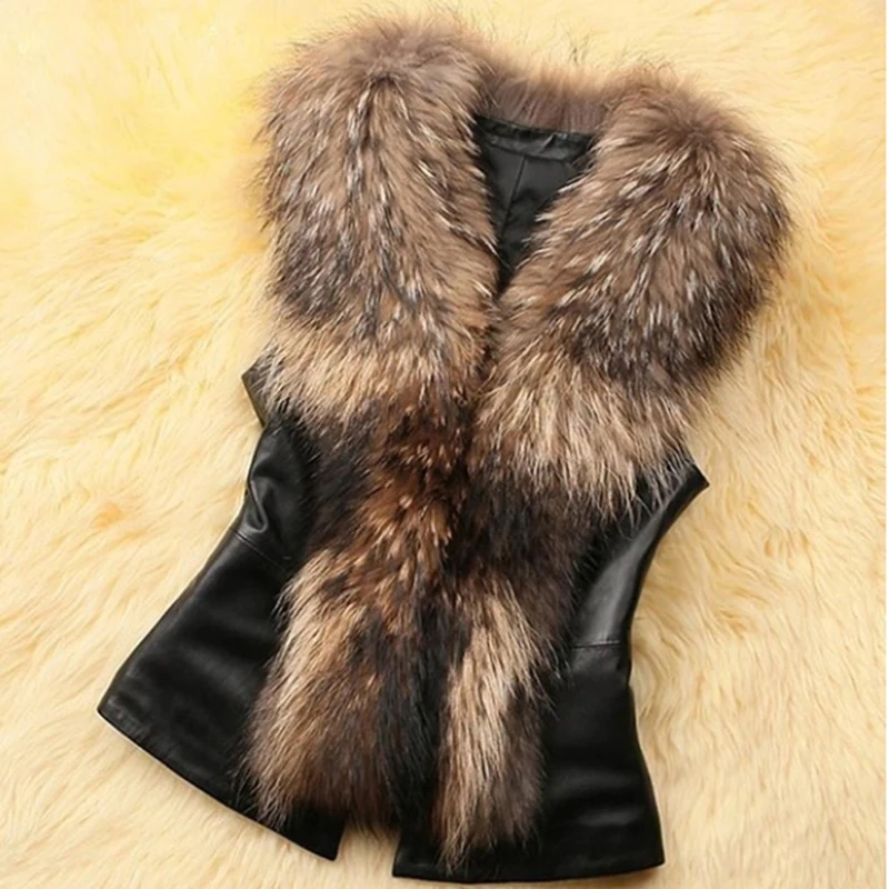 

GAOKE Women PU Leather Faux Fur Coat 2021 Casual Plus Size Sleeveless Faux Fox Fur Collar Vest Winter Jacket Coat Women 3XL