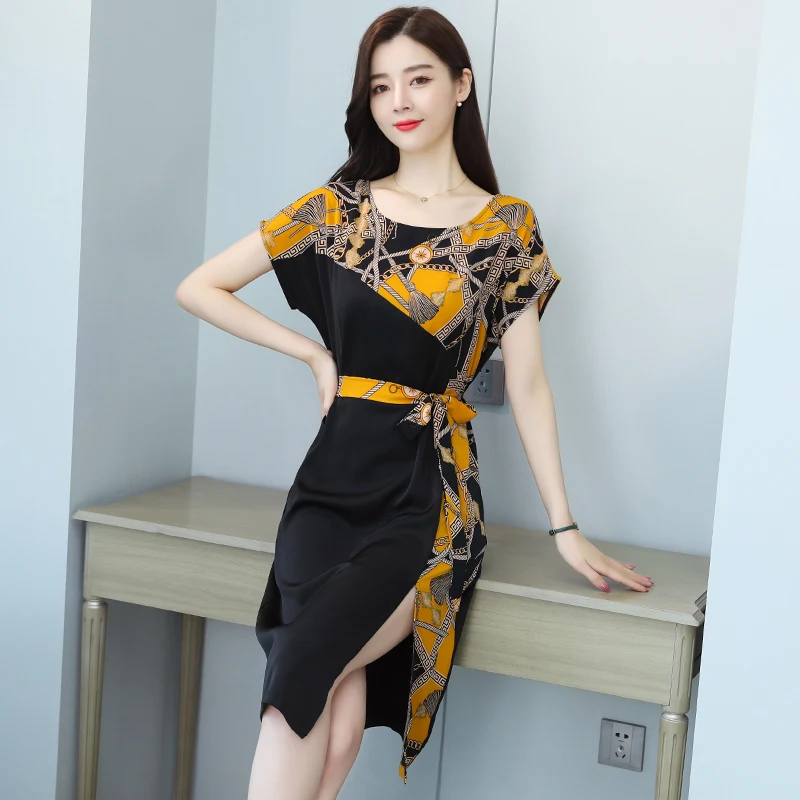

2021 summer The New Temperament printing Chiffon Dress O Neck Women's fashion Dress