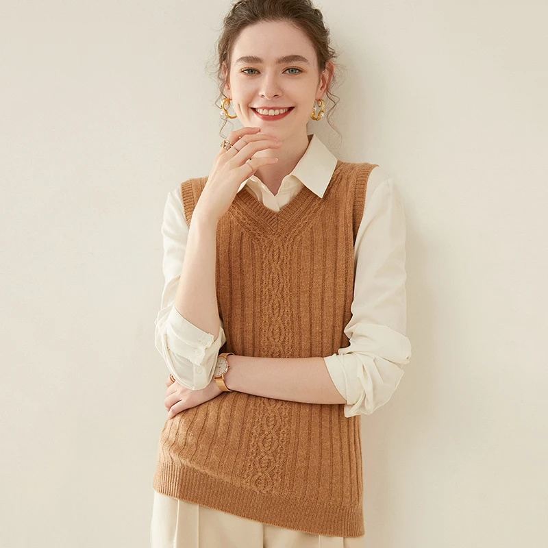 

Early autumn 100% pure wool knitted vest women's V-neck jacket sleeveless vest with loose casual shoulder
