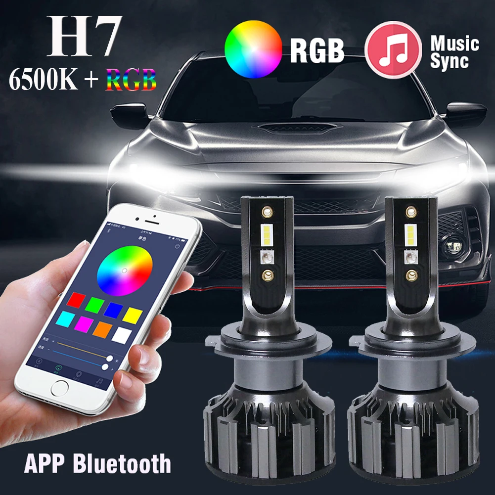 Комплект автомобильных светодиодных ламп H7 RGB управление через приложение по