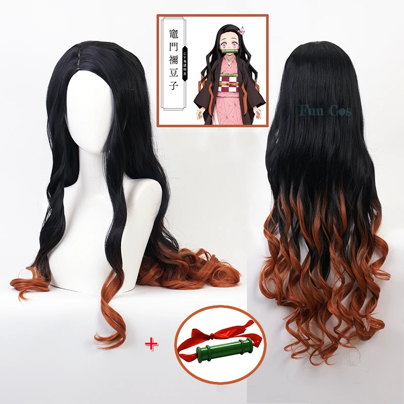 

Anime Demon Slayer Kamado Nezuko Cosplay Long Wig Bamboo Tube Kimetsu No Yaiba Train Heat-resistant Fiber Hair + Wig Cap Props