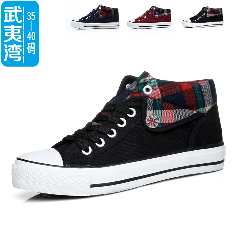 Женские холщовые туфли с высоким верхом маленькие черные на шнуровке в Корейском