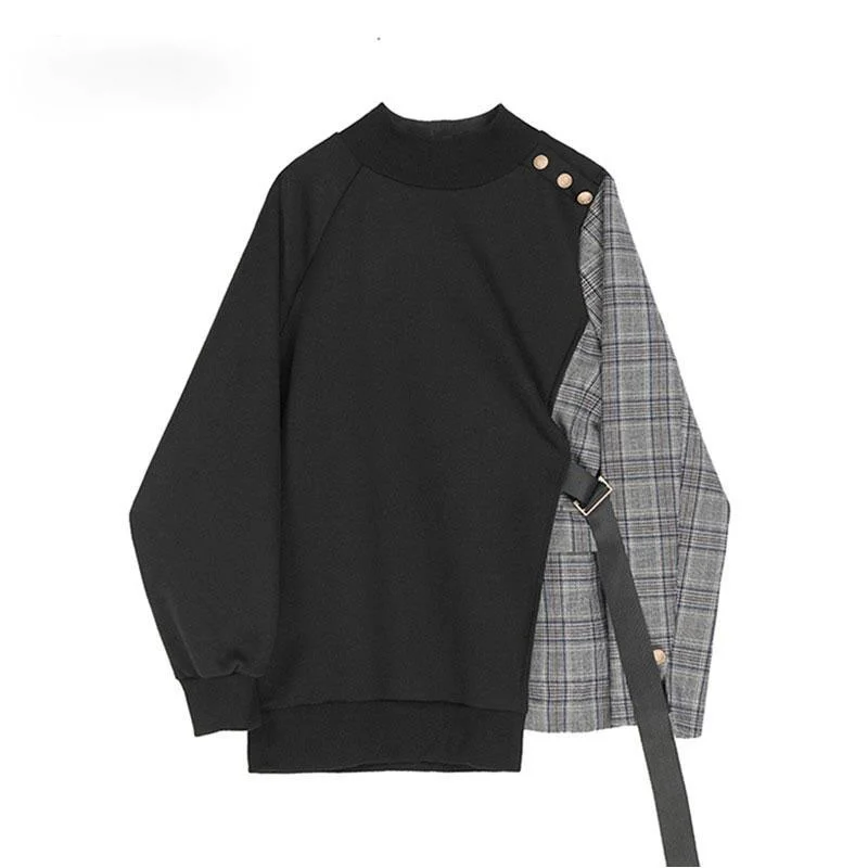 

Fashion Spring Autumn 2021 Loose Black Plaid Ribbon Irregular Sweatshirt New Round Neck Long Sleeve Women Big Size