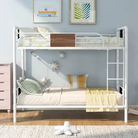 Twin Size Space-Saving Metal Loft Bunk Bed Single Modern Student Dormitory Bunk Bed Sturdy Frame Metal Bed Guard Rail Stairs