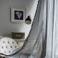 grey geometric tassel curtain high qquality blackout cotton linen bay window cover semi shading hooks rod packet grommets top