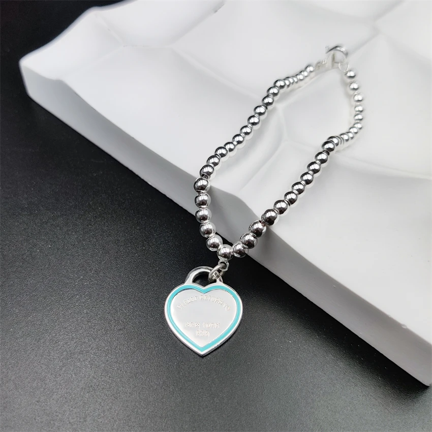 

1:1 925 Sterling Silver Bead Bracelet For Women 4mm Classic Reproduce Heart Tag Ladies Light Luxury Party Jewelry Couple Gift