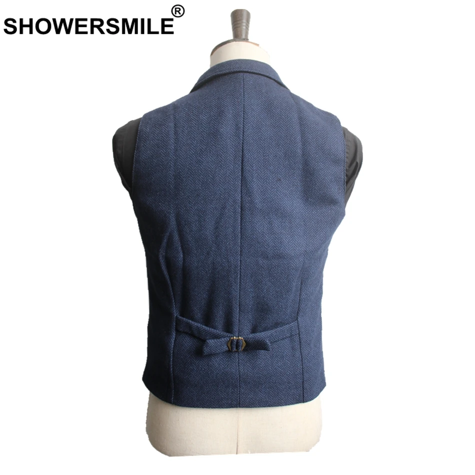 Жилет SHOWERSMILE мужской шерстяной твидовый приталенный пиджак в елочку темно синий