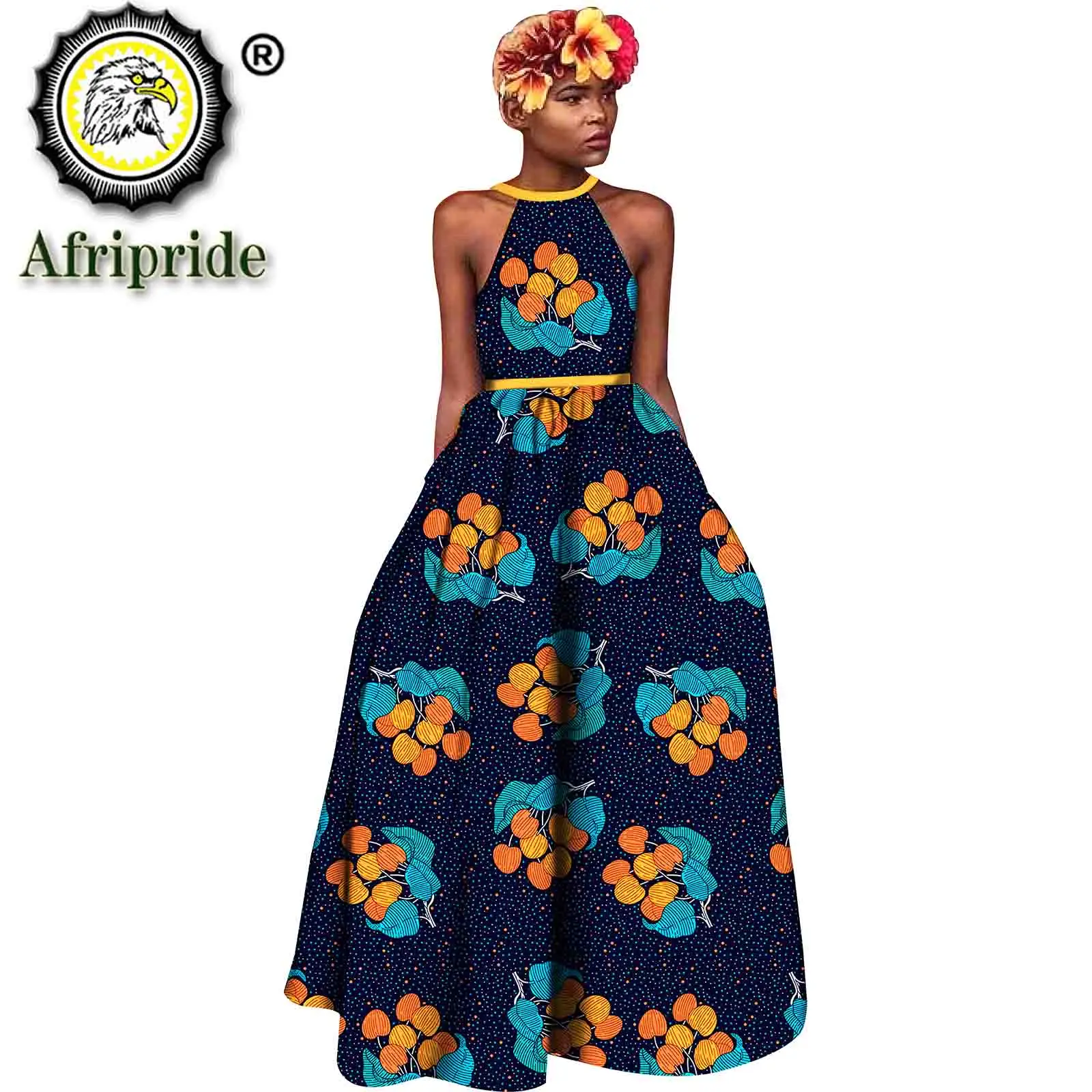 2023 African A-Line dresses for women hailter ankara print maxi dress dashiki sexy party wear outfit attire AFRIPRIDE S1925095