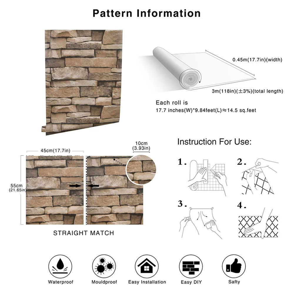 

Peeling and pasting wallpaper self-adhesive removable stone texture waterproof wallpaper wall living room furniture decoration
