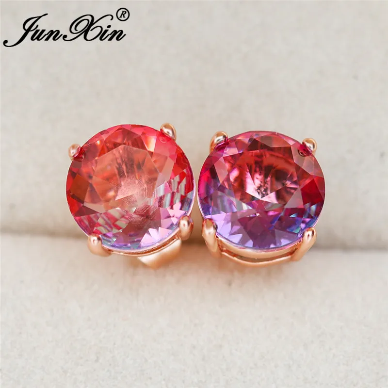 Радуга огонь с кристальным камнем круглые серьги из розового золота Мистик