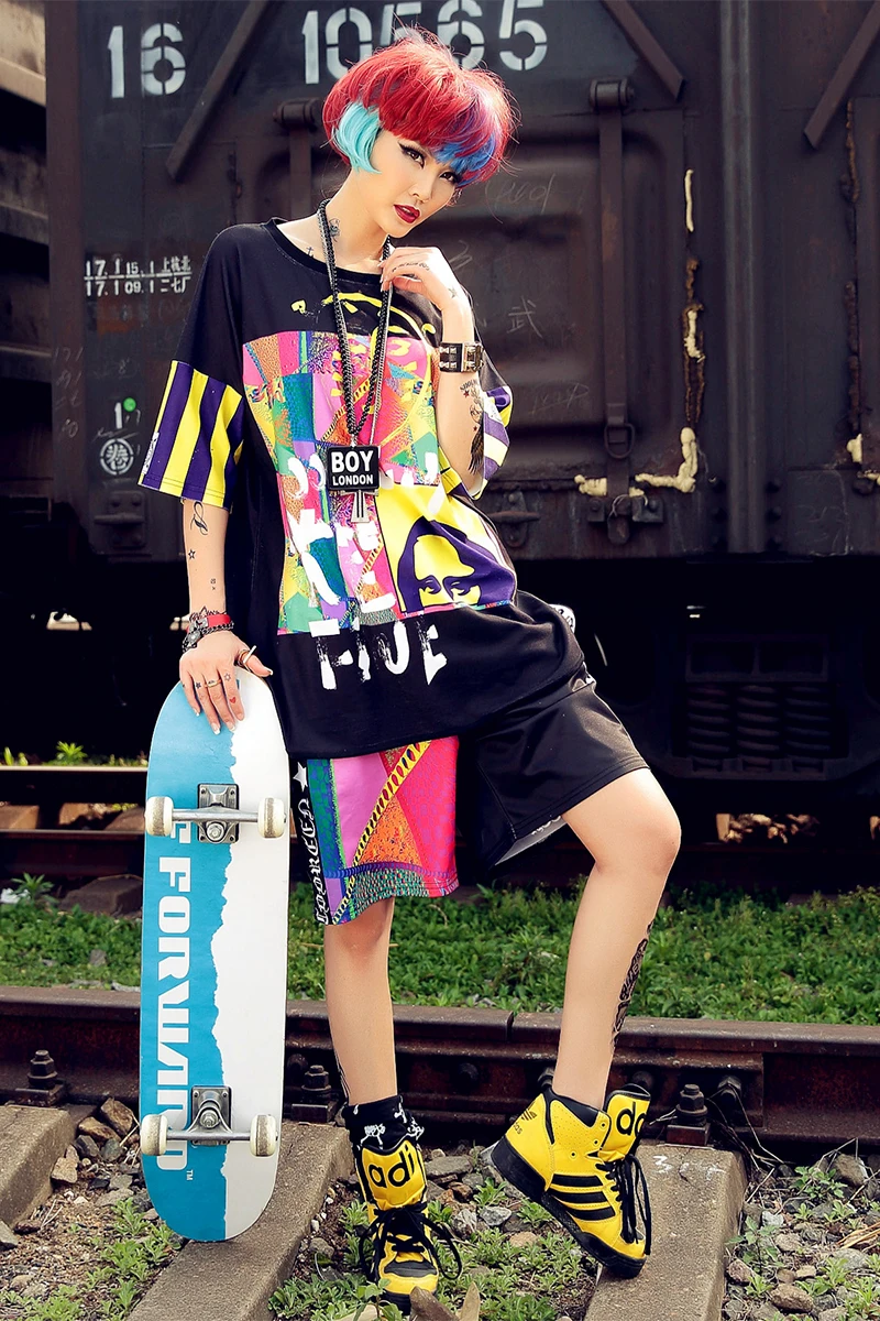 

2020spring and summer skateboard short-sleeved T-shirt street punk dance tide clothes rock clothing color spray women's clothing