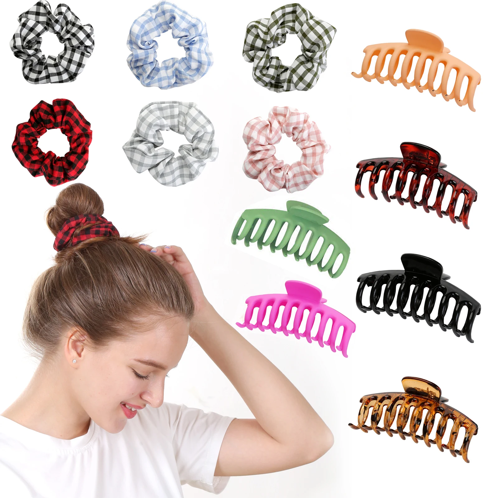 6pcs 4.5 Inch Large Matte Hair Claw Clips 6pcs Hair Scrunchies Elastic for Women Girls Thin Hair Strong Hold Hair Clips