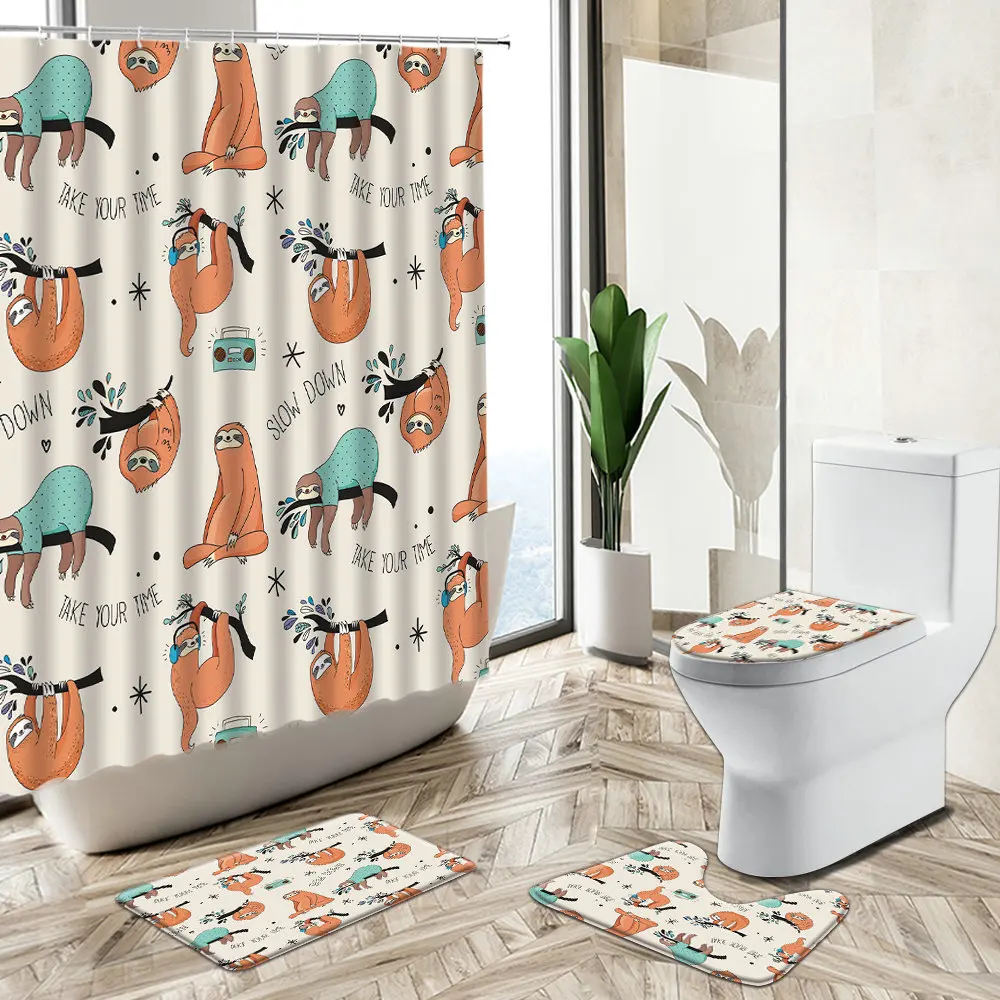 Miglior Simpatico Alpaca Tenda Da Doccia Cartone Animato Divertente Animale Bradipo Scimmia Tropicale Cactus Pianta Antiscivolo Piedistallo Tappeto Copriwater Set Da Bagno