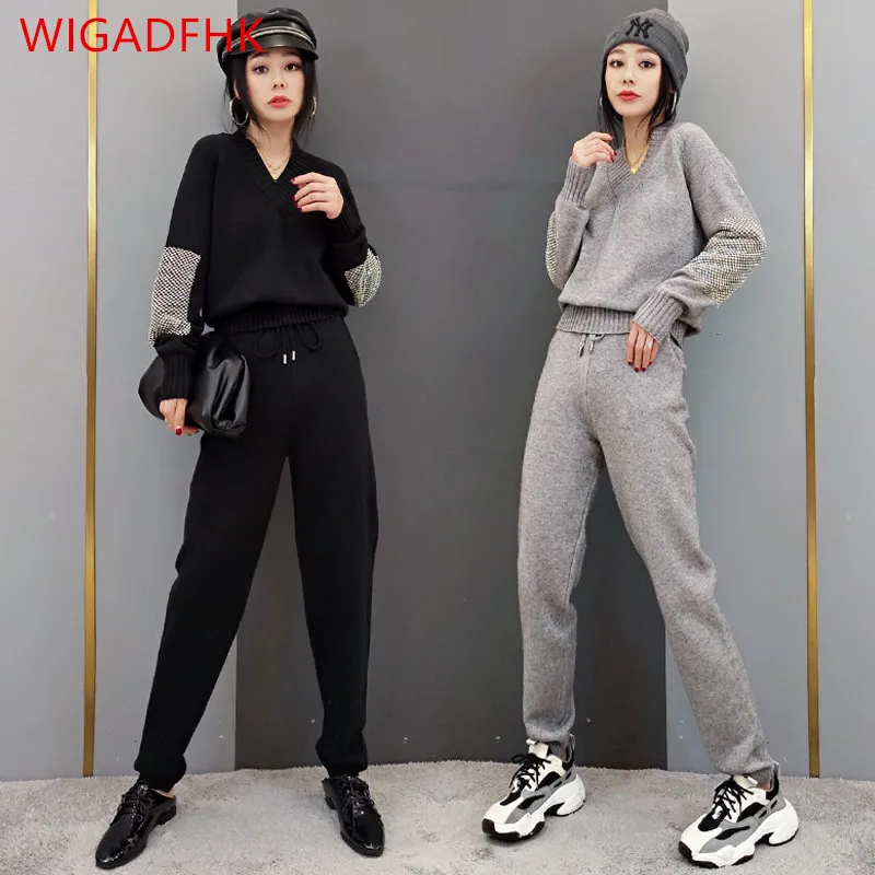 2022 Autumn And Winter New Hot Drilling Knit Suit Women Fashion V-neck Pullover Sweater Foot Pants Western Style Two-piece Suit