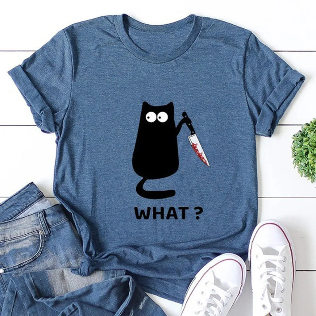 

Fashion T-Shirt Women's Halloween Casual Cat Letter Fun Print O-Neck Top T-Shirt