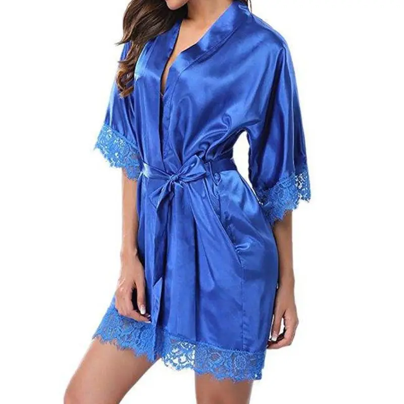 

Womens Summer Ice Silk Half Sleeve Nightgown Sexy Eyelash Lace Patchwork Short Kimono Robe Solid Belted Sleepwear with Pockets