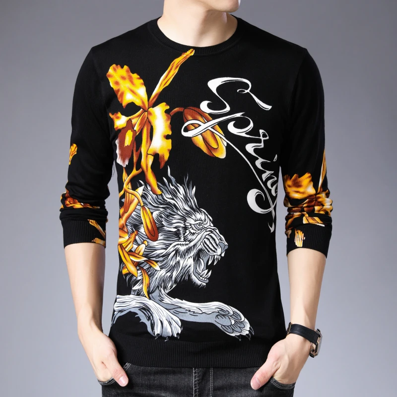 Свитер O-neckn Pull Homme черный белый цвет принт с животными мужской свитер и пуловер