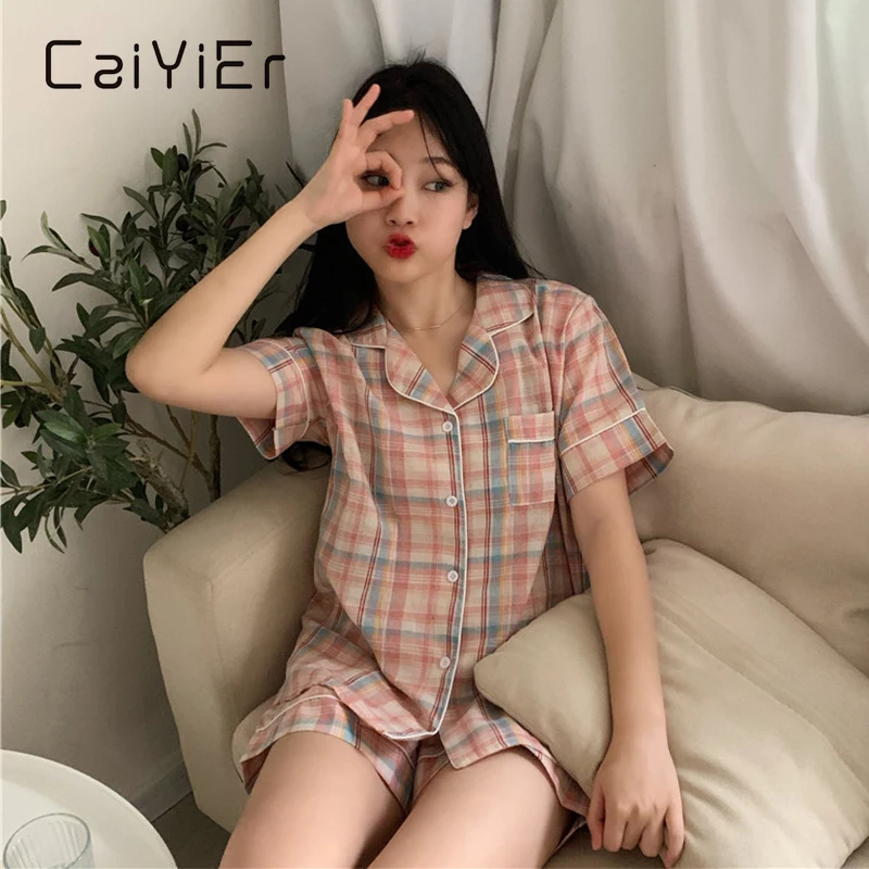 Женская пижама с коротким рукавом CAIYIER летняя принтом в клетку модные шорты