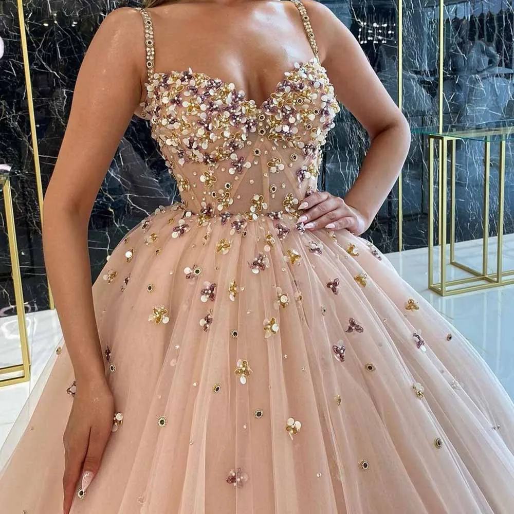 

Sweet Ball Gown Straps Evening Dresses Tulle 3D Flowers Beaded Formal Women Party Robe De Soire Zip Back