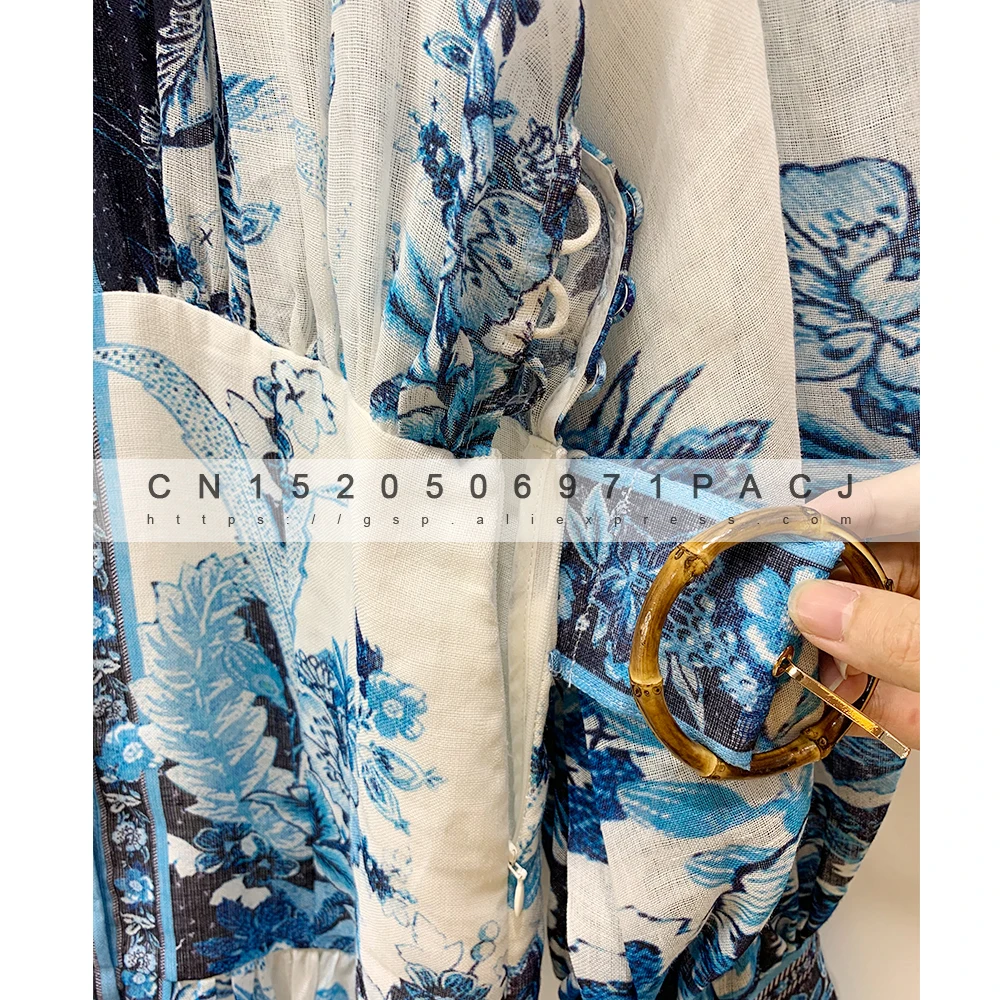 ZM high-quality retro ethnic wind Linen silk blue phoenix print stand collar lantern sleeve dress | Женская одежда