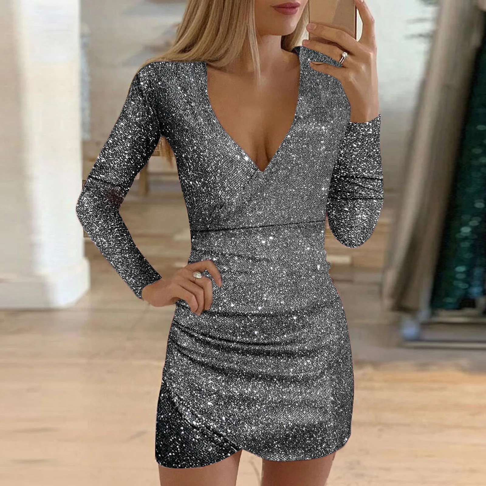 

Sexy Women Silver Sequins Deep V Neck Dress Fashion Glitter Bodycon Slim Elegant Mini Dress Ladies Party Wrap Hip Package Dress
