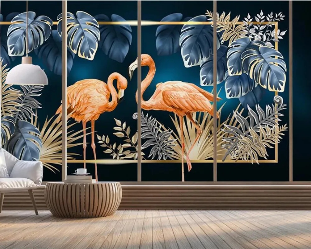 

AINYOOUSEM Tropical plant leaves couple flamingo background wall papier peint papel de parede wallpaper 3d wallpaper stickers