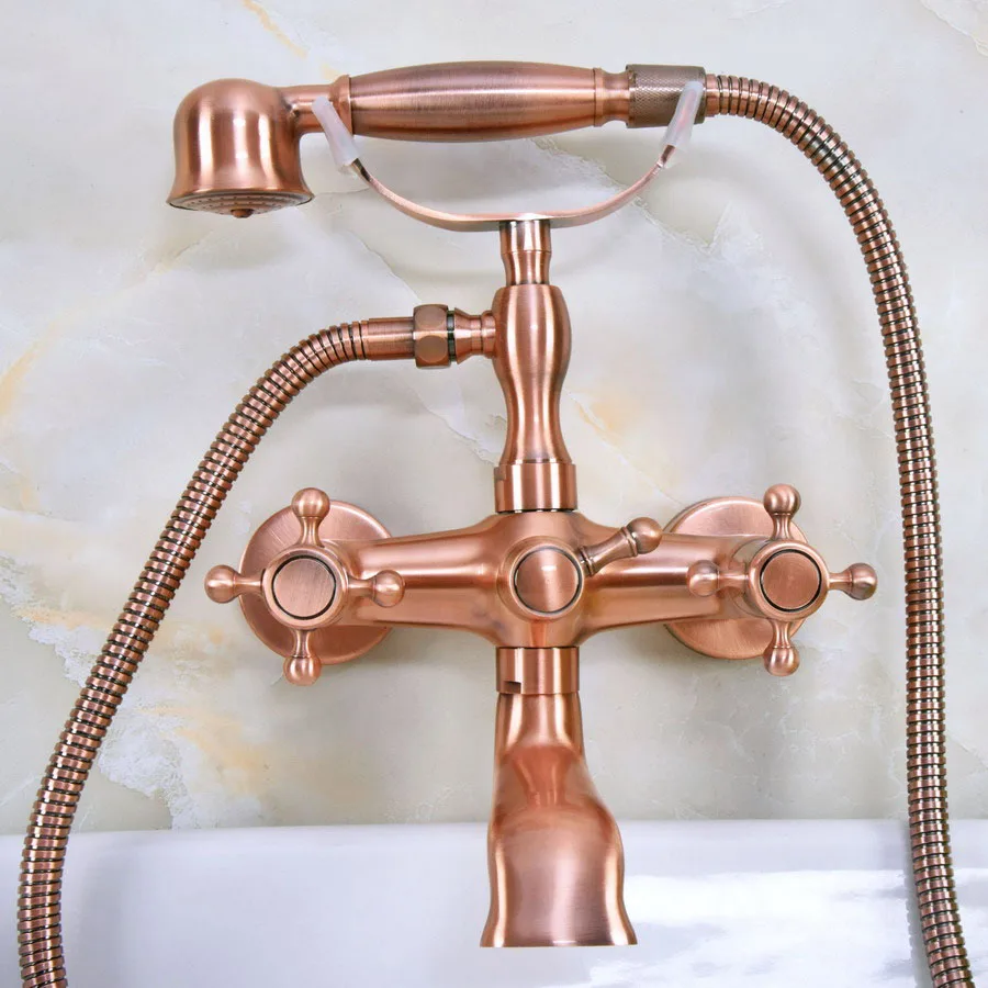 

Antique Red Copper Wall Mount Bathtub Faucet Dual Handles Swivel Spout Mixer Tap with Hand Sprayer zna339