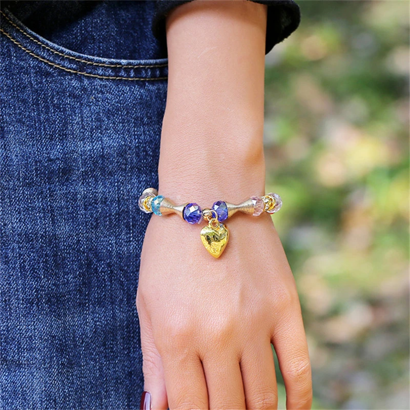 

Rhinestone Crystal Bracelet Bangle Elastic Heart Pendant Bracelets For Women Handmade Beads pulseira masculina Valentine's Day
