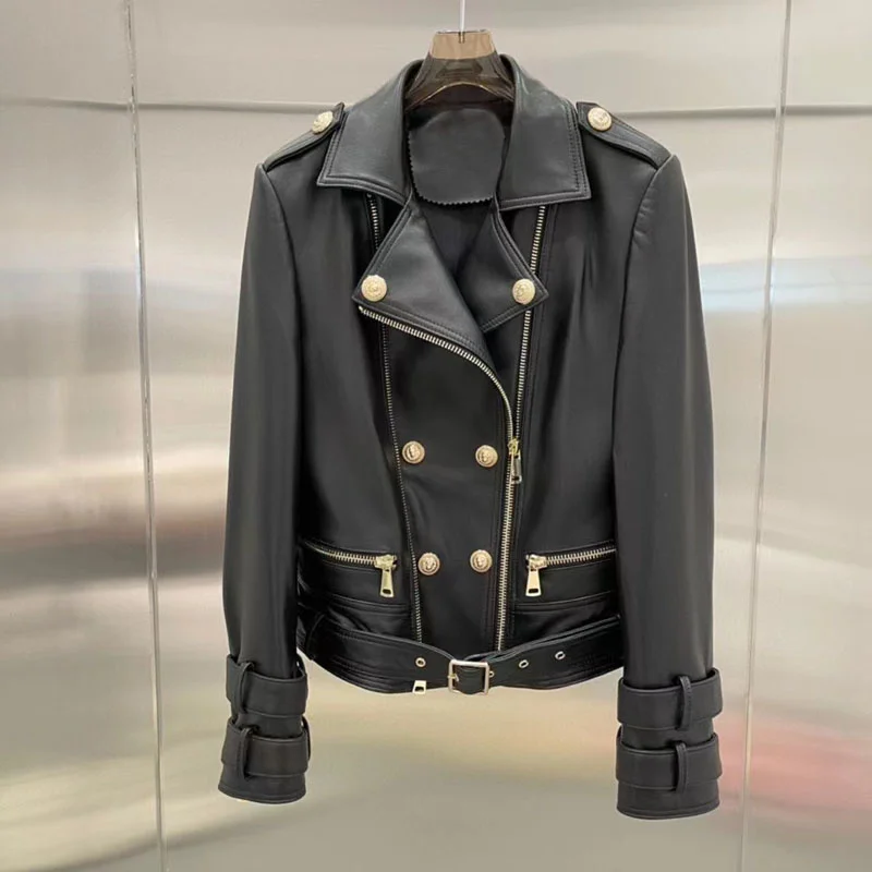 

Высококачественное импортное пальто из настоящей овчины, женская короткая куртка из натуральной кожи на весну и осень с поясом, облегающее ...