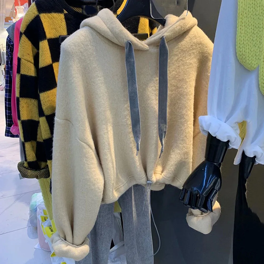 Женский бархатный свитшот на завязках однотонный Свободный пуловер с капюшоном