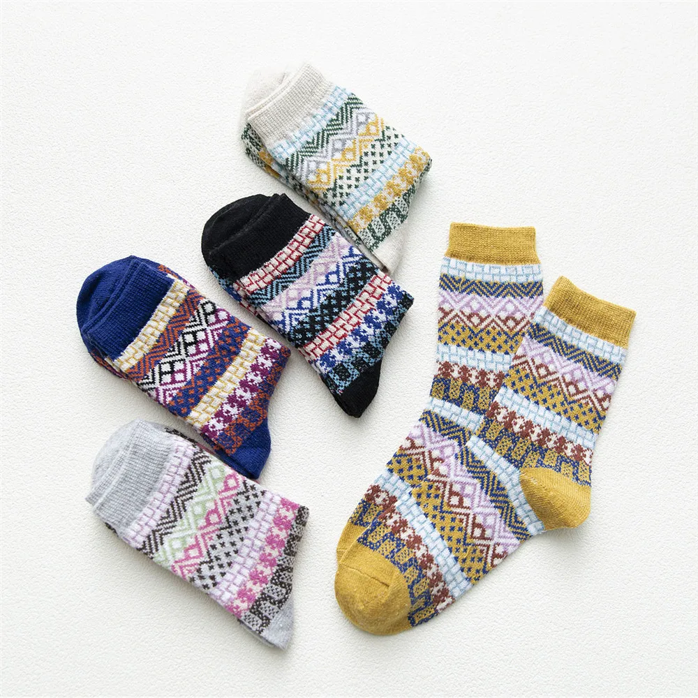 5 Pairs Wool Socks Multicolor Fashion Warm Wool Cotton Knit Thick Winter Crew Socks for Women