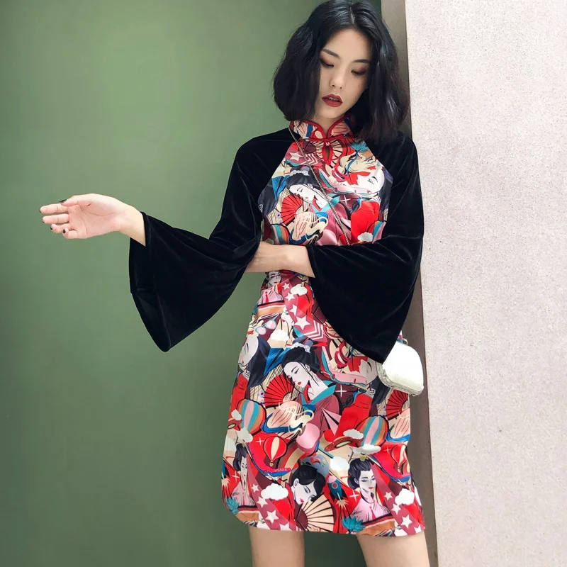 Платье Ципао в китайском стиле пикантное велюровое платье восточном с длинным