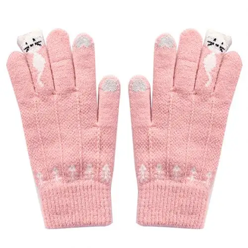 Pink Зимние теплые, милые, трендовые, дизайнерские, Мультяшные, сенсорные, экранные перчатки, на весь палец, вязаные, теплые, варежки для женщин, Gilrls, грядка, рождественский подарок - Цвет: Pink