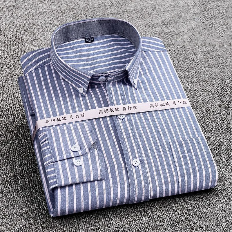 Mens Striped Plaid Oxford Long Sleeve Shirt Spinning Casual Comfortable Breathable Collar Button Design Slim Male Business Dress | Мужская