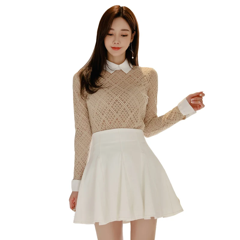 

Sexy shirt suit 2 piece korean ladies fall lace Long Sleeve tops and white mini Pleated Skirt Party Suit for women