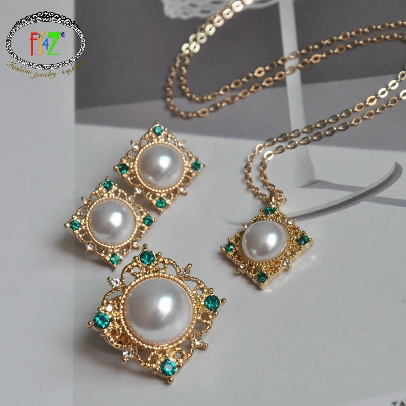 

F.J4Z New Women Luxury Brooches Pop Pendant Necklaces Fashion Simulated Pearl Square Bridal Earrings Jewelry Gifts Dropship
