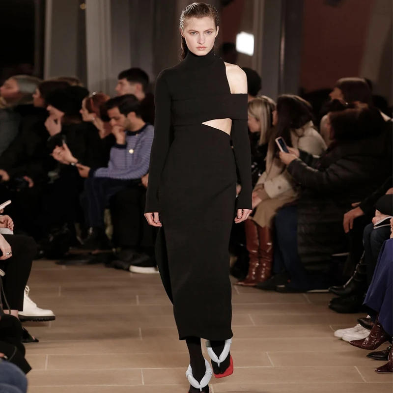 

Бесплатная доставка, оптовая продажа, 2021 женское платье черного цвета с длинными рукавами и отверстиями на верхнем слое секси как у знамени...