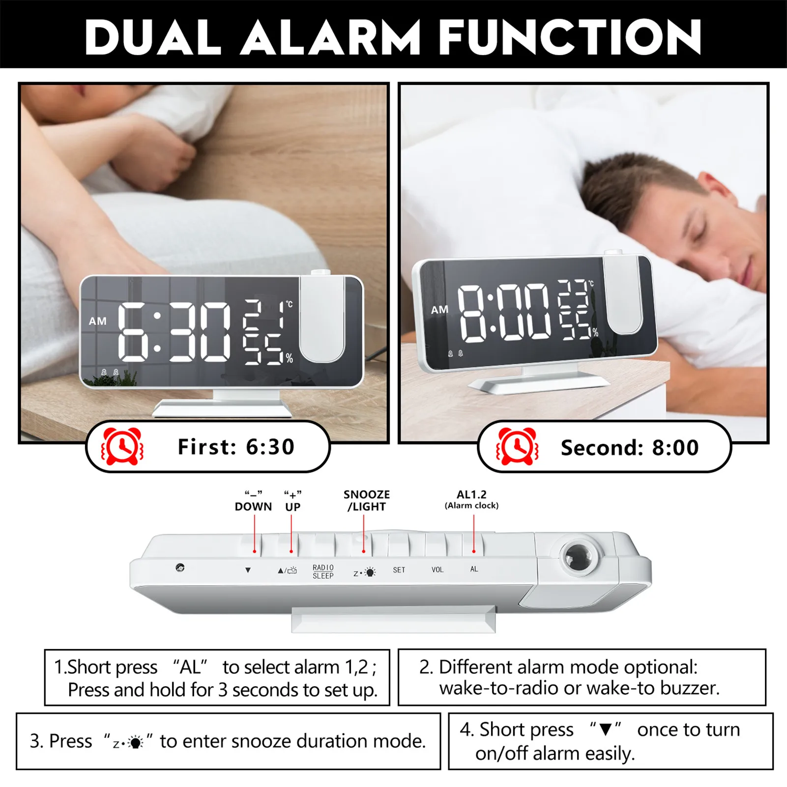 

New Temperature And Humidity Multifunctional Radio Projection Alarm Clock Projection Alarm Clock Large LED Display Digital Clock