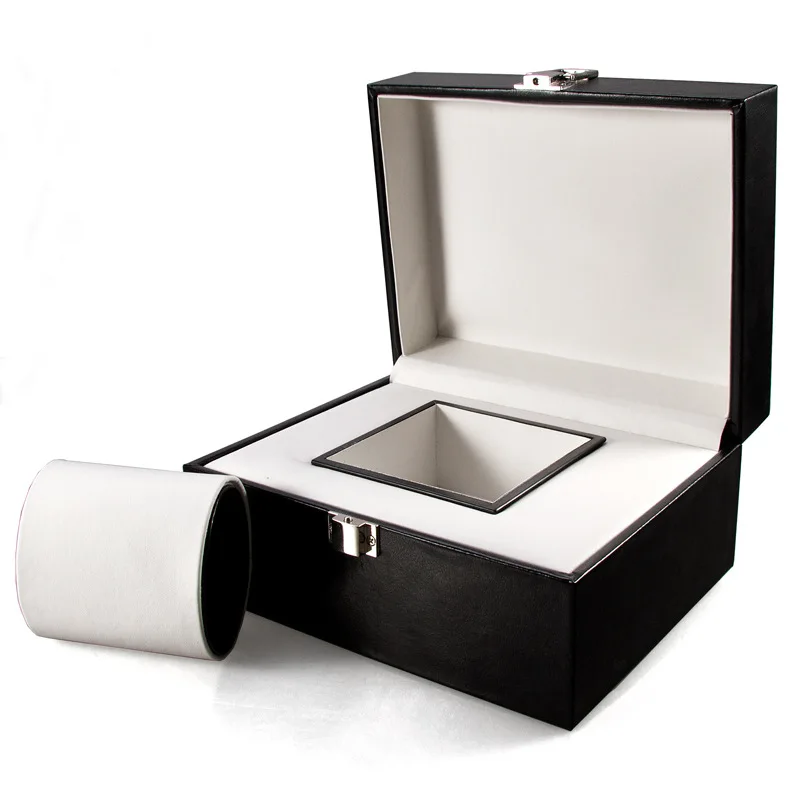 

Leather Watch Box Display Case Organizer Glass Jewelry Storage for Men & Women Metal Buckle Black